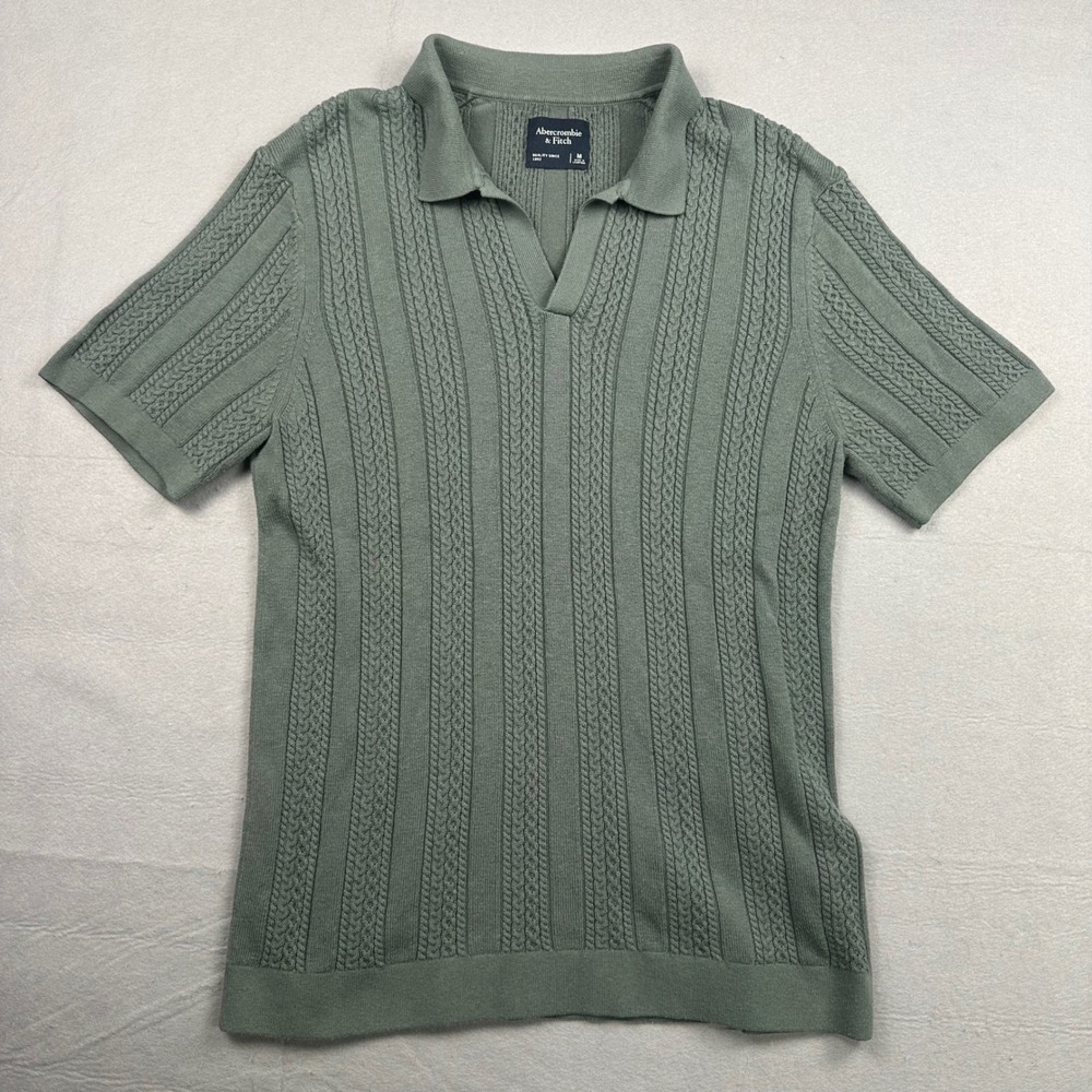 Abercrombie & Fitch Mens Cable Knit Sweater Polo Shirt Green Short Sleeve Medium